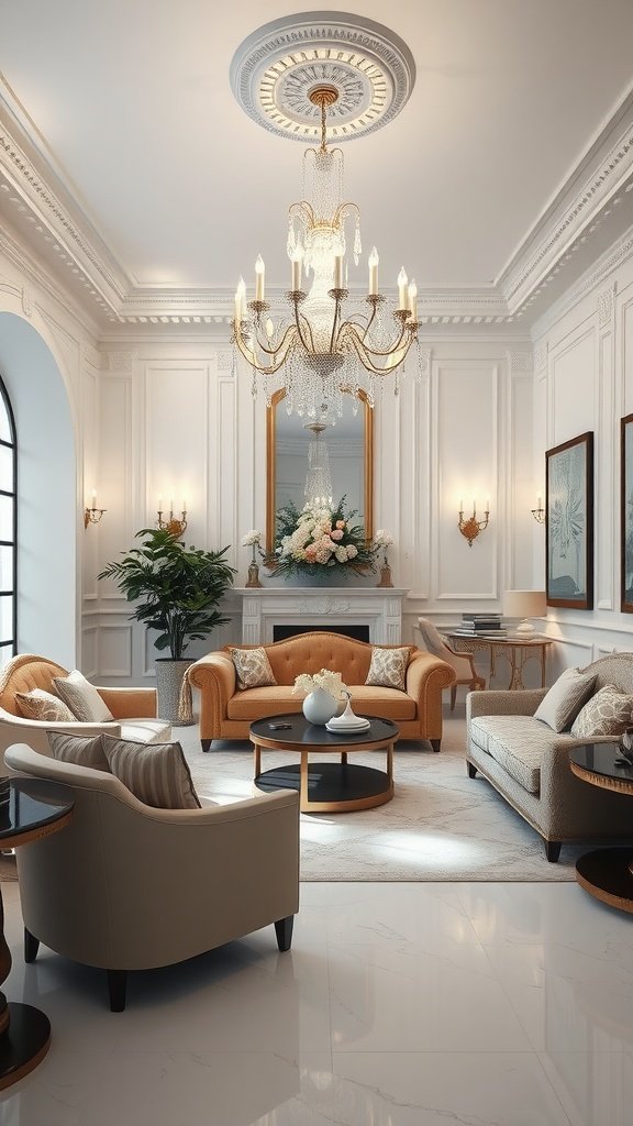 Luxurious white velvet furnishings in a stylish living room.