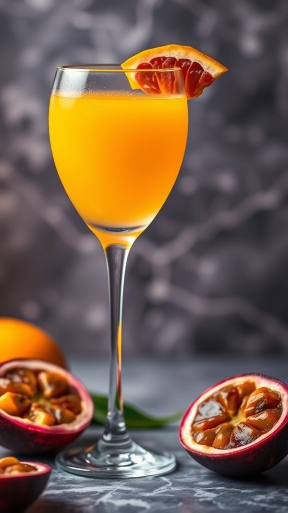 A cocktail glass filled with a vibrant orange drink, garnished with a slice of citrus and surrounded by passionfruit halves.