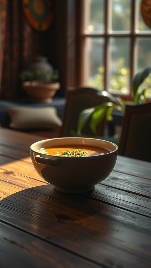 A rustic scene with a creamy bowl of broccoli and red lentil soup, accompanied by artisan bread.