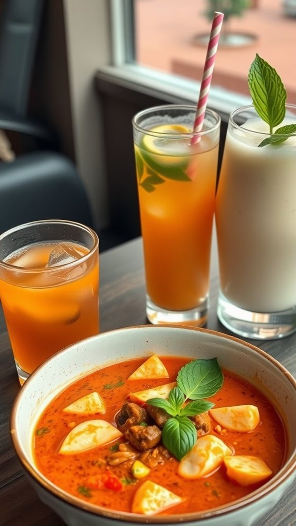 A bowl of Thai Red Curry with chicken and vegetables, served with drinks.