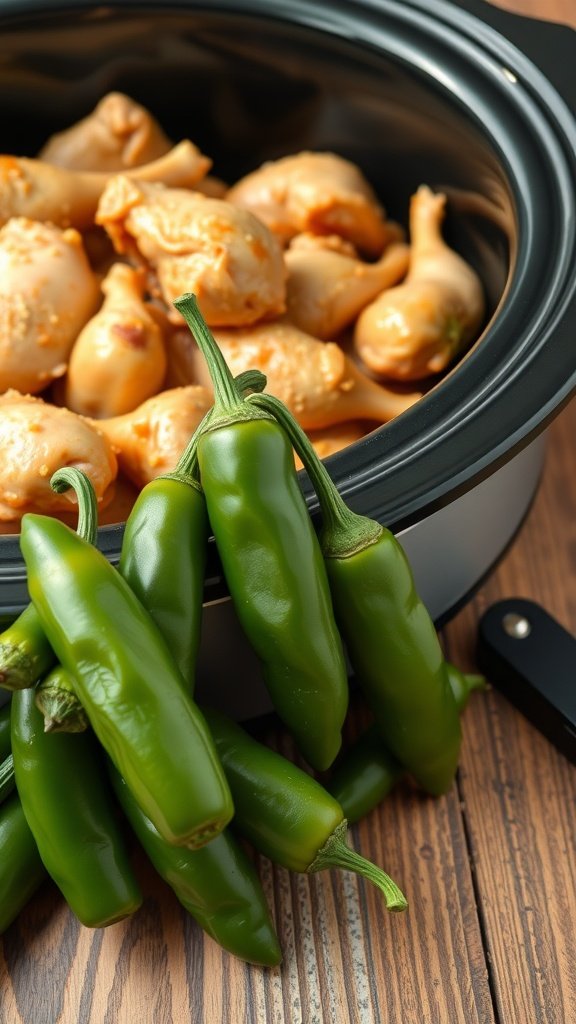 A rustic kitchen setting featuring a slow cooker with Mississippi Chicken and fresh pepperoncini peppers.