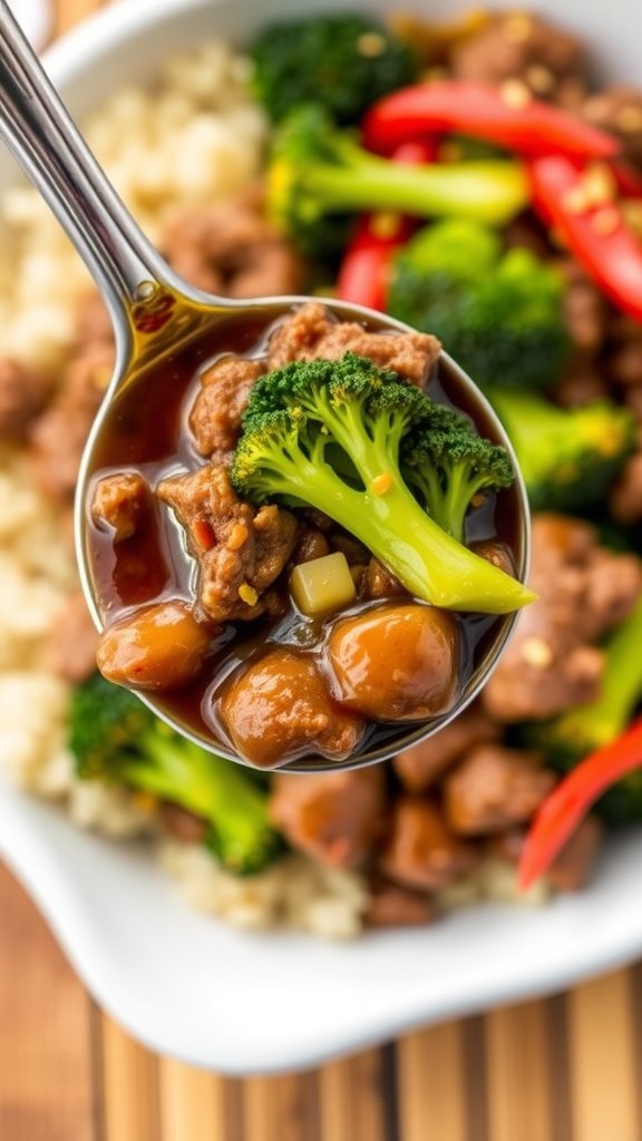 A sizzling skillet with ground beef and broccoli stir-fry, garnished with sesame seeds and scallions.