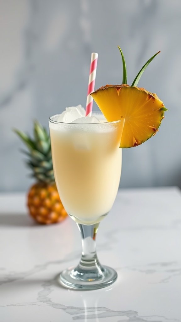 A refreshing Pineapple Coconut Daiquiri with a pink straw and a pineapple garnish.