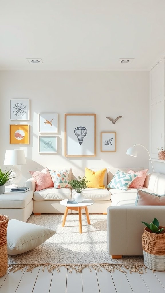 A bright living room with white furniture and pastel-colored accents.