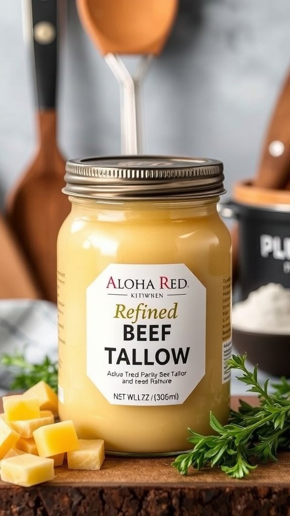A jar of Refined Beef Tallow by Aloha Red on a wooden board, with kitchen utensils in the background.