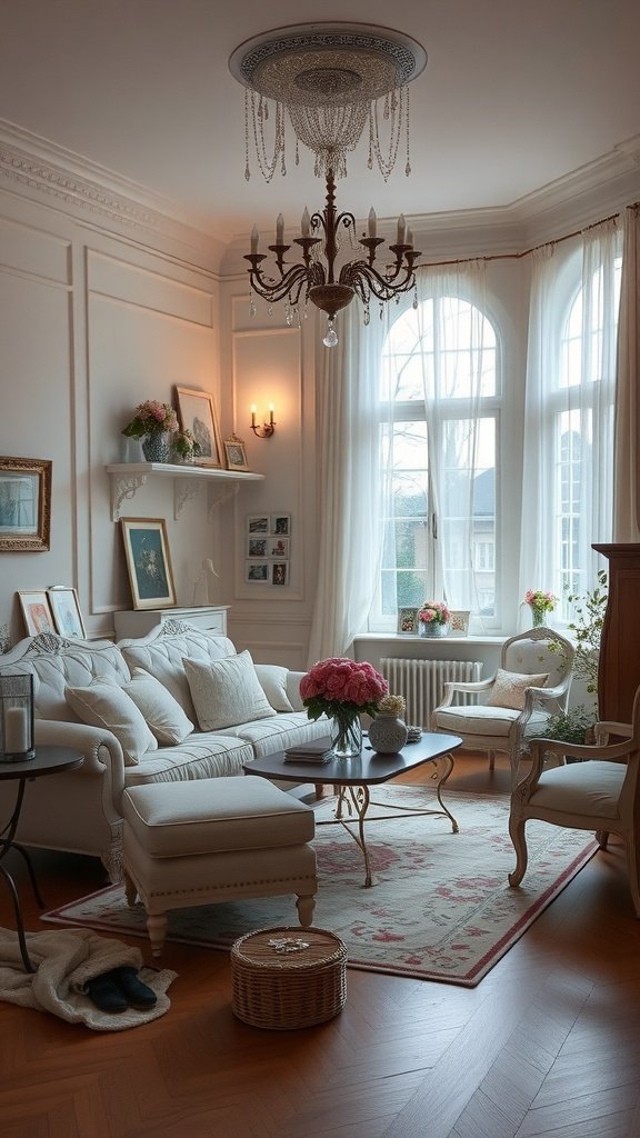 A beautifully decorated white shabby chic living room with vintage furniture and soft textures.