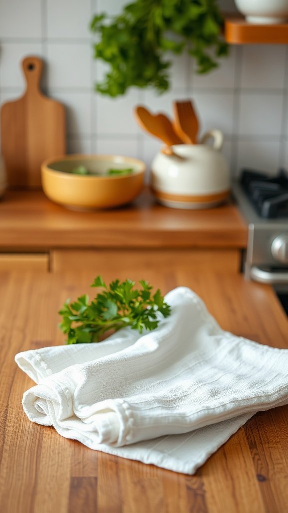 A rustic kitchen countertop with a folded towel and parsley, featuring a black slow cooker filled with creamy chicken and rice.