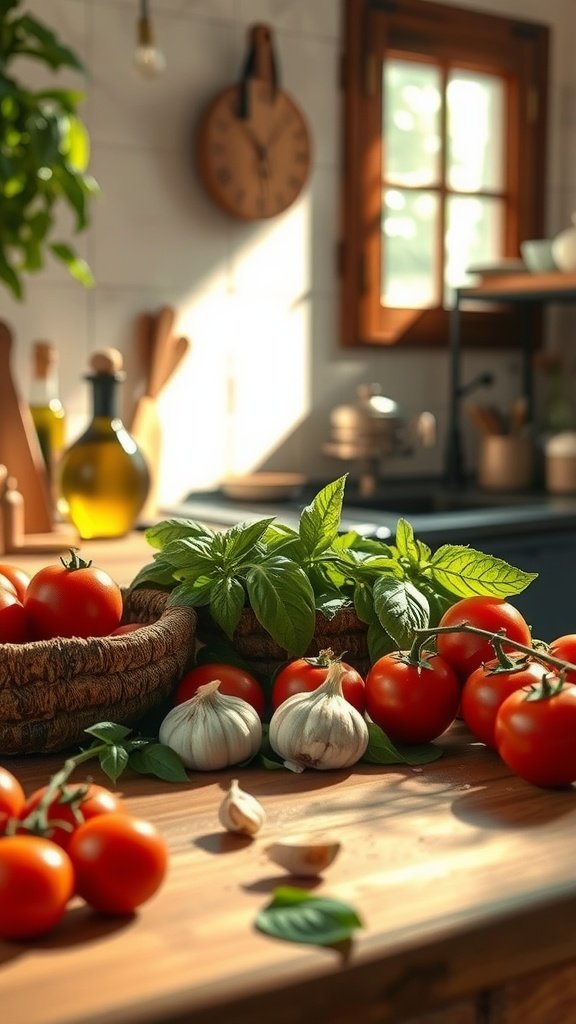 A rustic kitchen setting with fresh ingredients for a healthy bruschetta grilled chicken zoodle bowl.