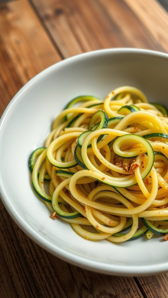 A bowl of sautéed zucchini noodles, glistening with olive oil and garnished with spices.