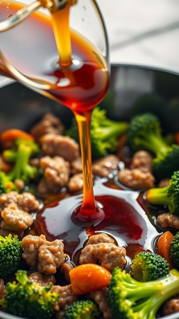 A close-up of ground beef and broccoli in a skillet with garlic-ginger soy sauce being poured in