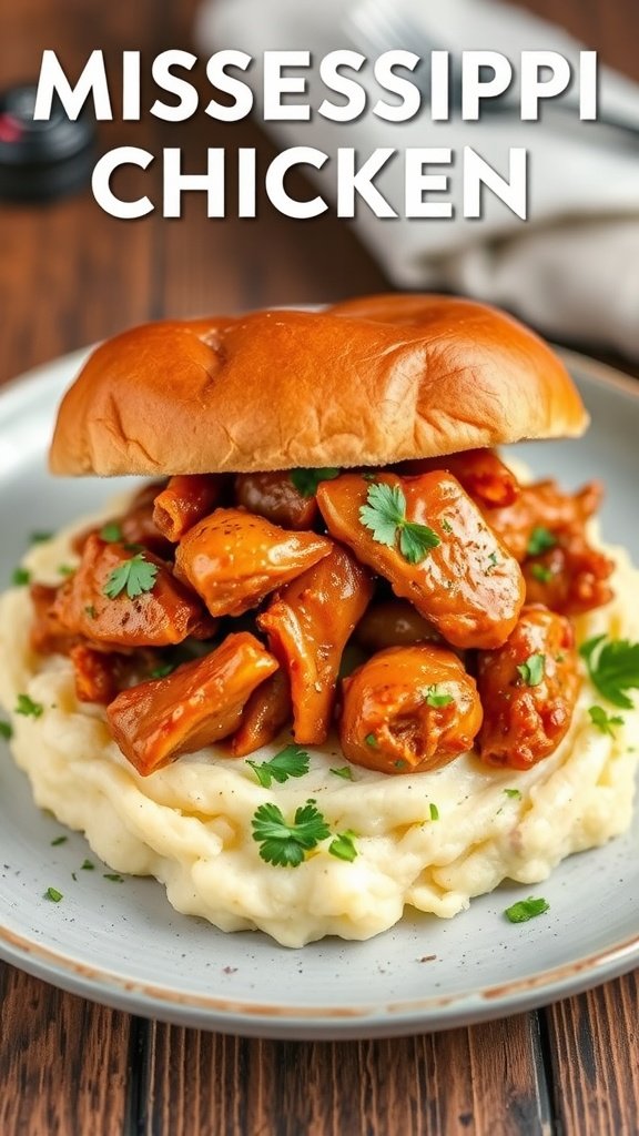 Delicious Mississippi Chicken Sandwich on a plate with creamy mashed potatoes