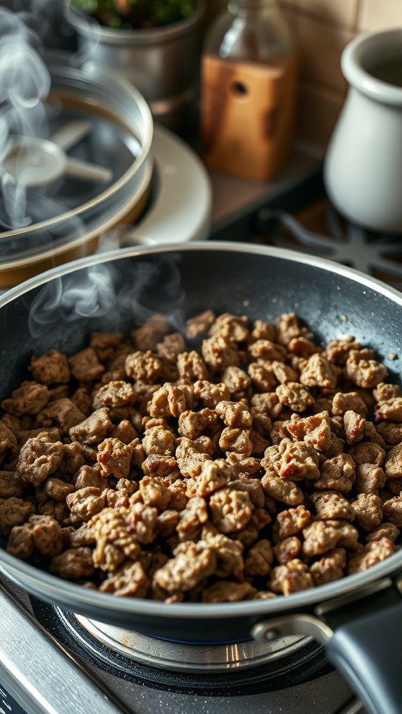 A skillet filled with browned ground beef cooking on a stove.