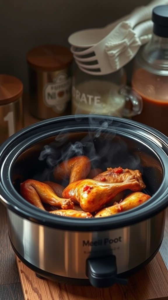A rustic kitchen setting with a slow cooker filled with Mississippi Chicken and surrounding ingredients.