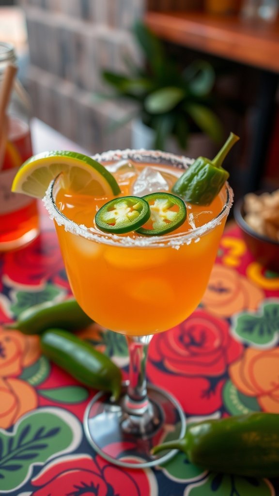 A vibrant Spicy Margarita with jalapeño slices and lime garnishes in a salted glass.
