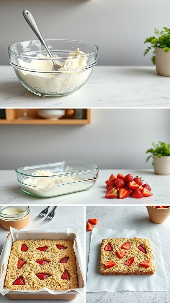 A step-by-step guide to making Strawberry Oatmeal Crumble Bars, featuring a mixing process and fresh strawberries.