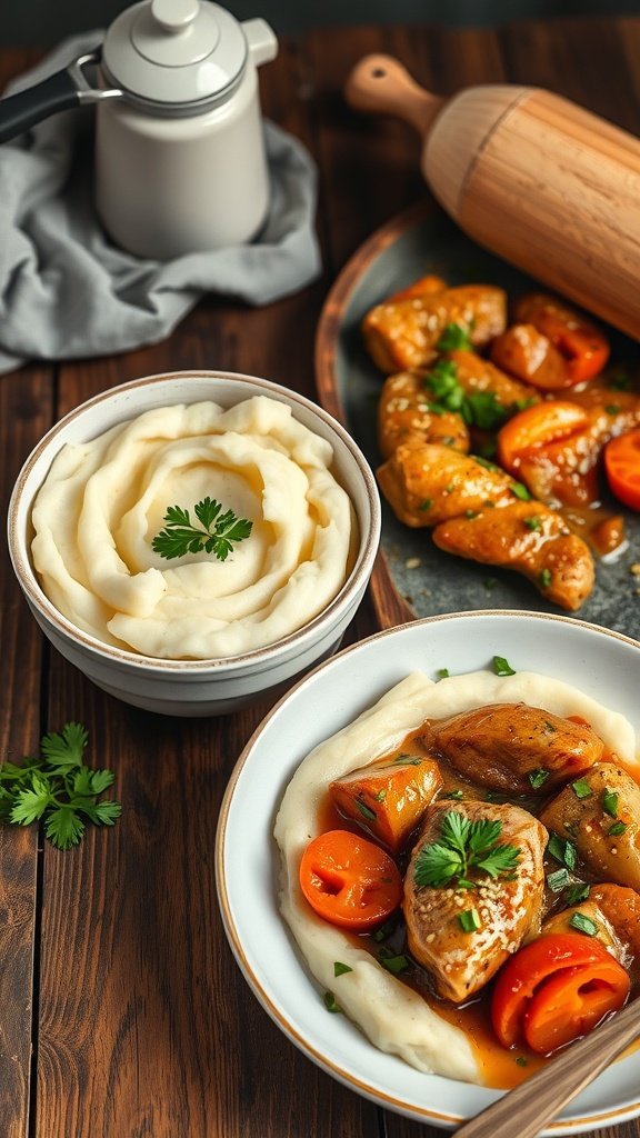 A bowl of creamy mashed potatoes served with tender Mississippi Chicken, showcasing a warm and inviting comfort food scene.