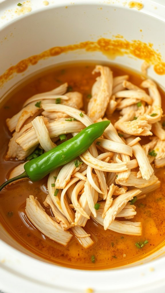 A bowl of Mississippi Chicken with shredded chicken and pepperoncini peppers in a golden sauce.