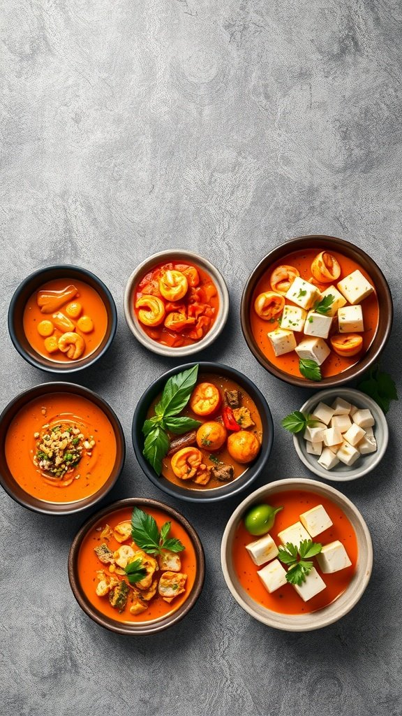 A variety of Thai red curry dishes, showcasing diverse ingredients and presentations.
