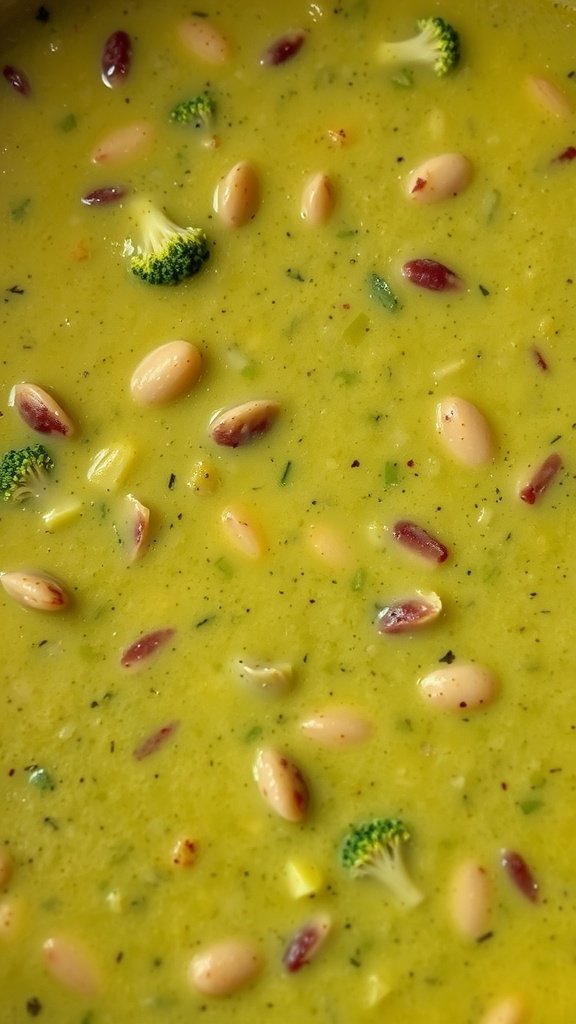A steaming bowl of creamy broccoli and red lentil soup with a velvety texture.
