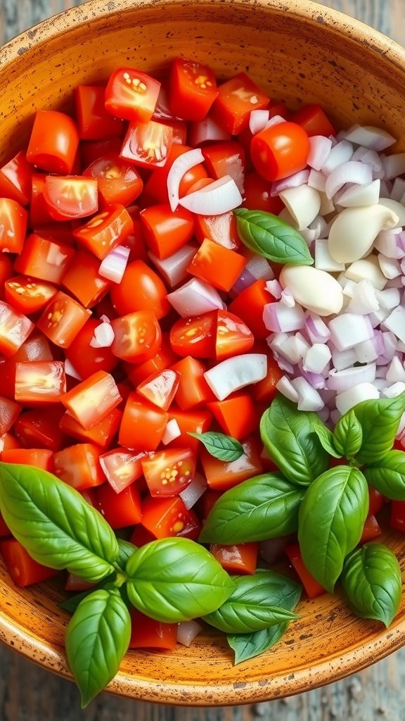 A bowl filled with chopped tomatoes, red onions, garlic, and basil for bruschetta.