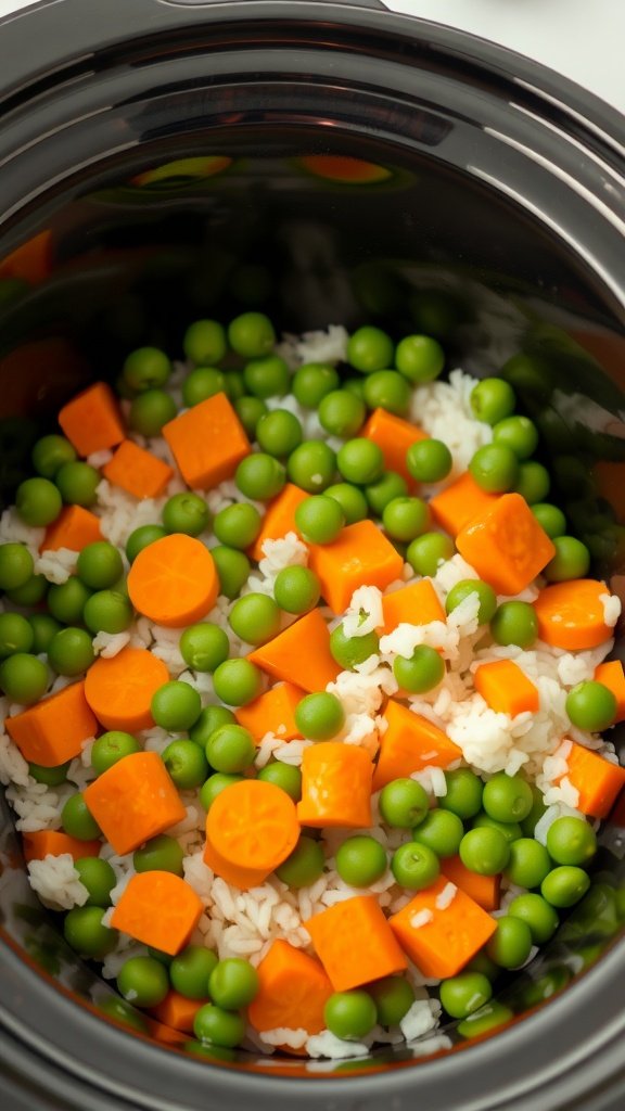 Close-up of a black slow cooker filled with rice, green peas, and orange carrots.