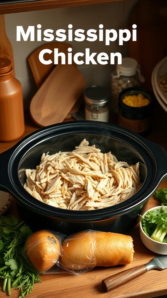 A rustic kitchen setting with a slow cooker filled with shredded Mississippi Chicken and ingredients surrounding it.