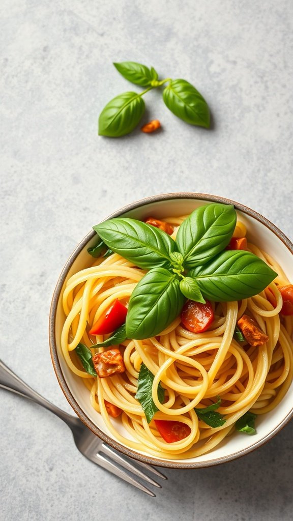 A bowl with grilled chicken, zoodles, and tomato bruschetta topped with basil leaves.